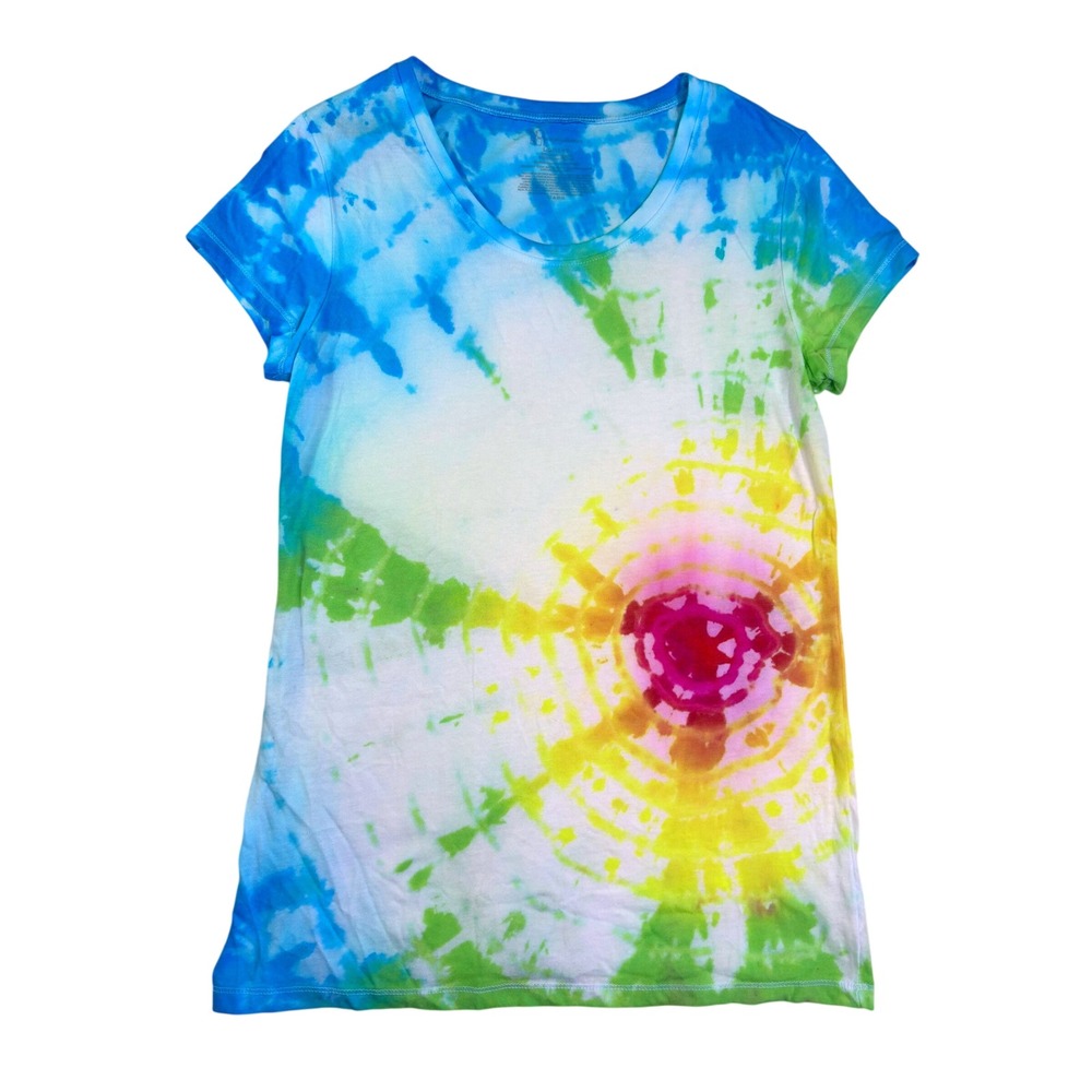 No Boundaries Tie Dye T-Shirt Womens L 11-13 Blue Green Yellow Spiral Crew Neck